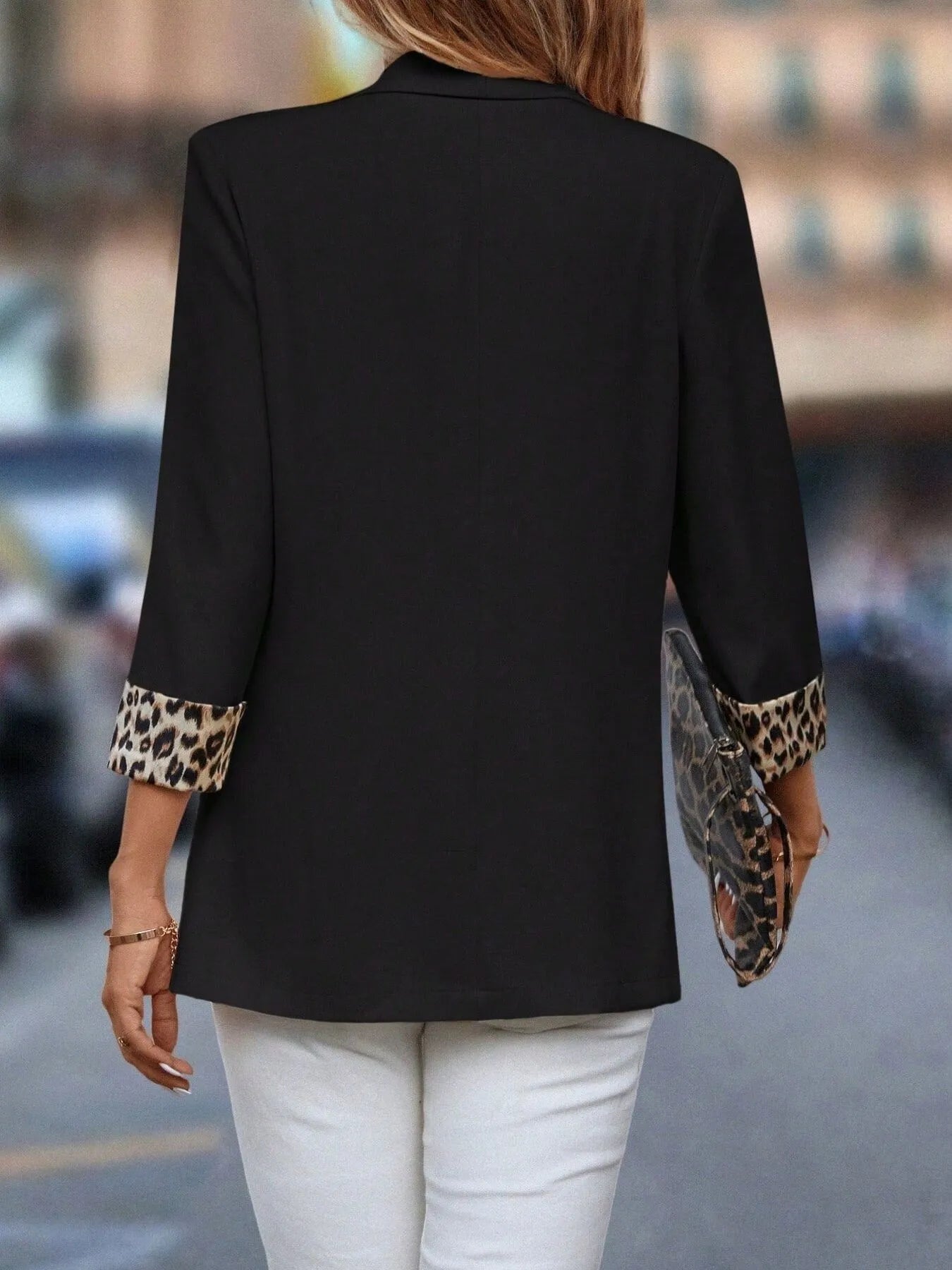 Crowned Energy CO. Black / S Trendsi Jackets Leopard Lapel Collar Open Front Blazer
