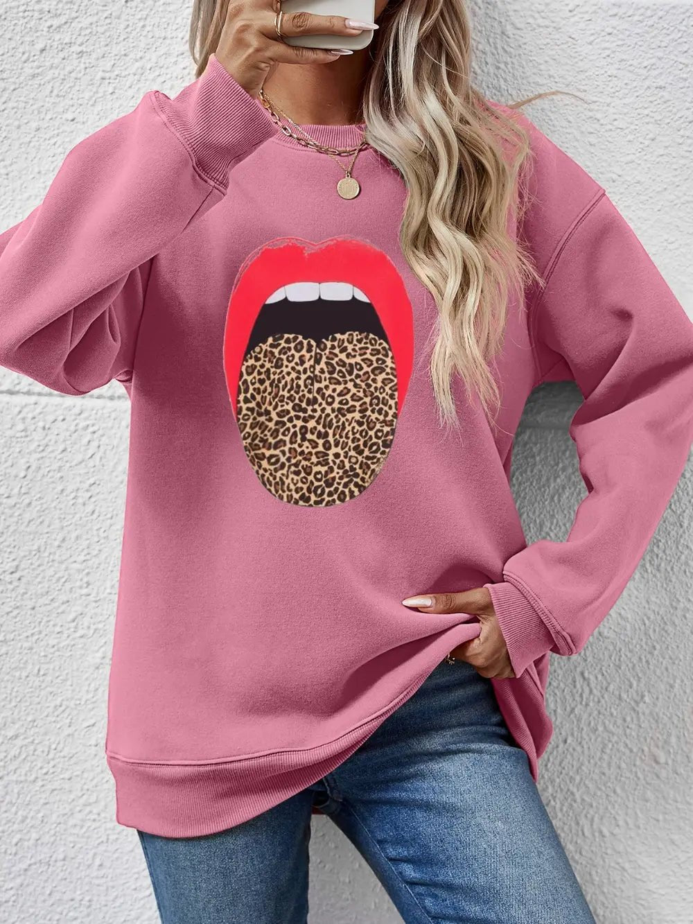 Leopard Lip Graphic Round Neck Sweatshirt - Crowned Energy CO.