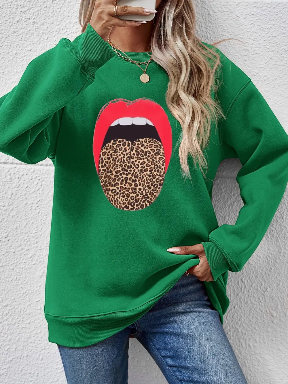 Leopard Lip Graphic Round Neck Sweatshirt - Crowned Energy CO.