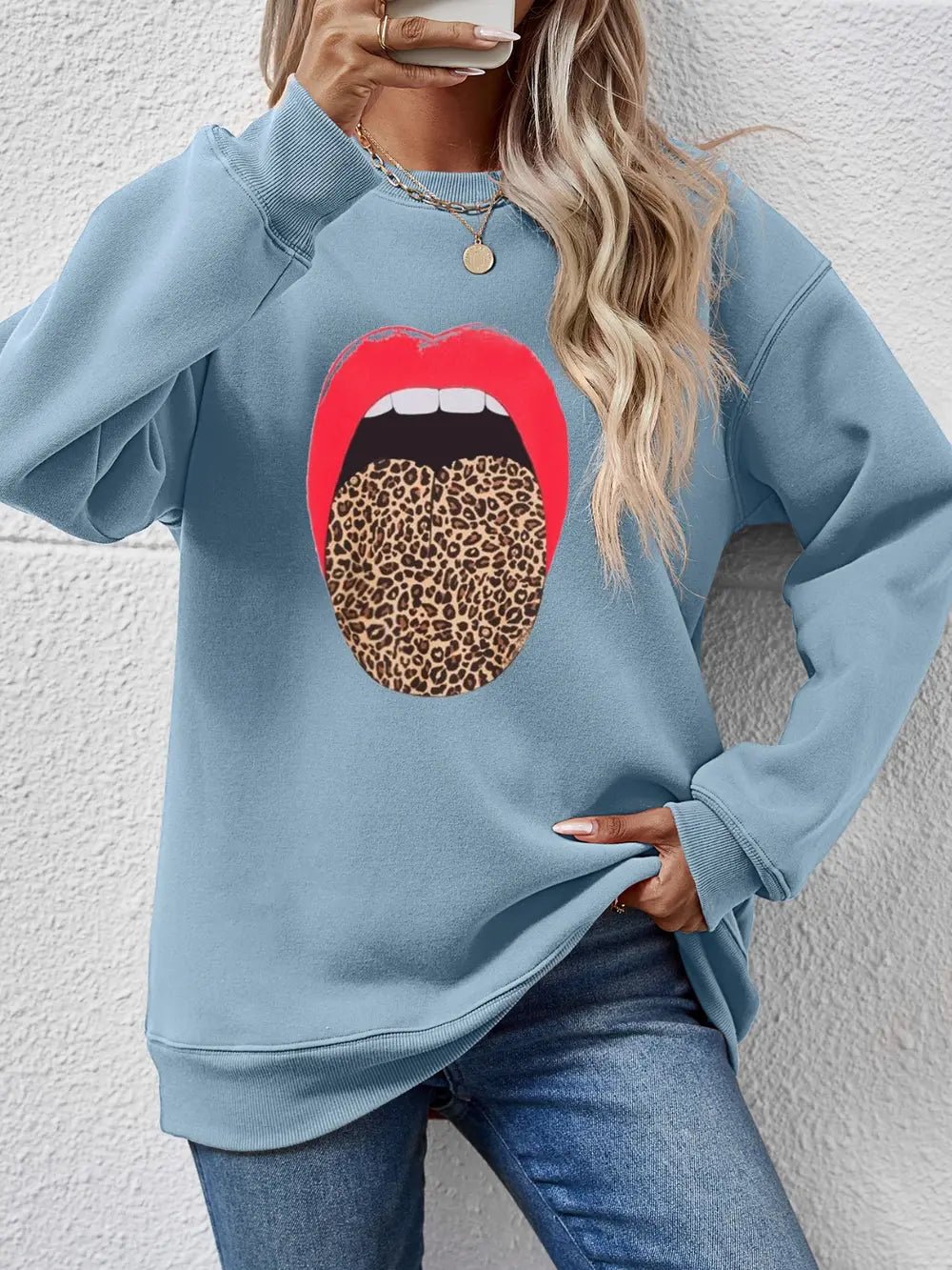 Leopard Lip Graphic Round Neck Sweatshirt - Crowned Energy CO.