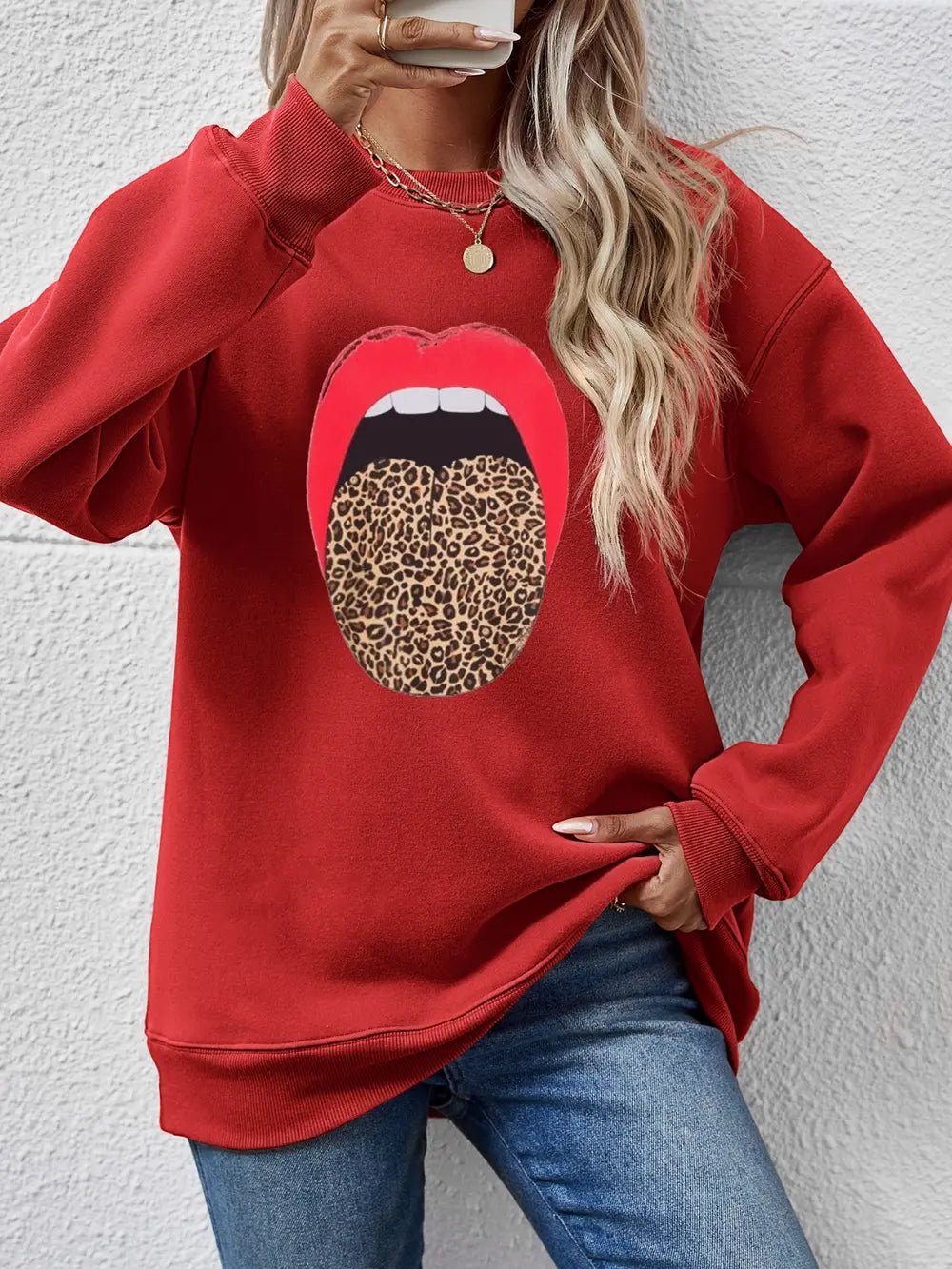 Leopard Lip Graphic Round Neck Sweatshirt - Crowned Energy CO.