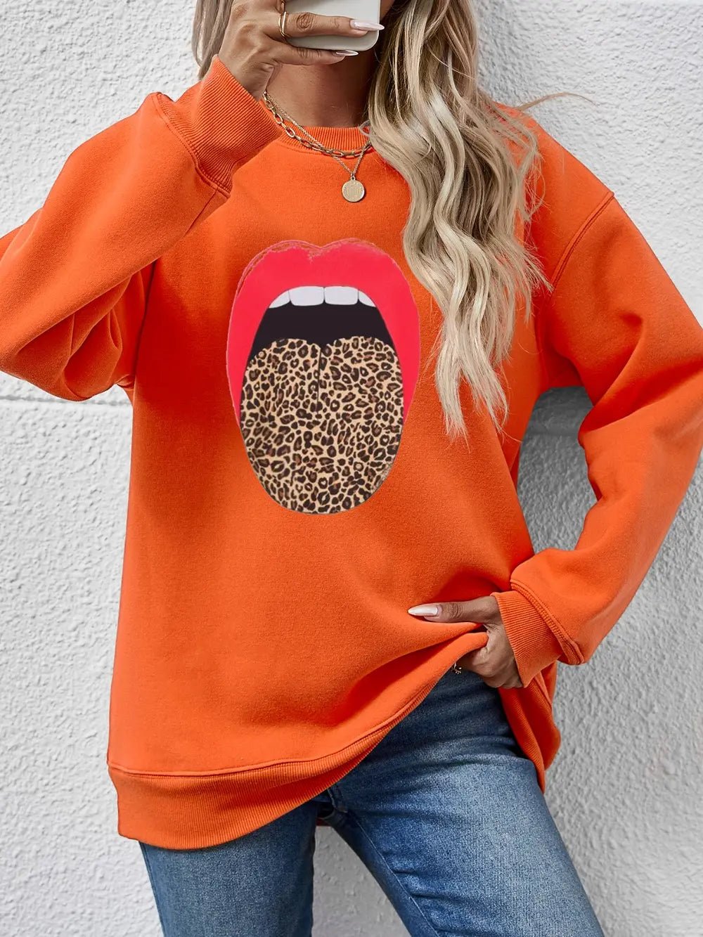 Leopard Lip Graphic Round Neck Sweatshirt - Crowned Energy CO.