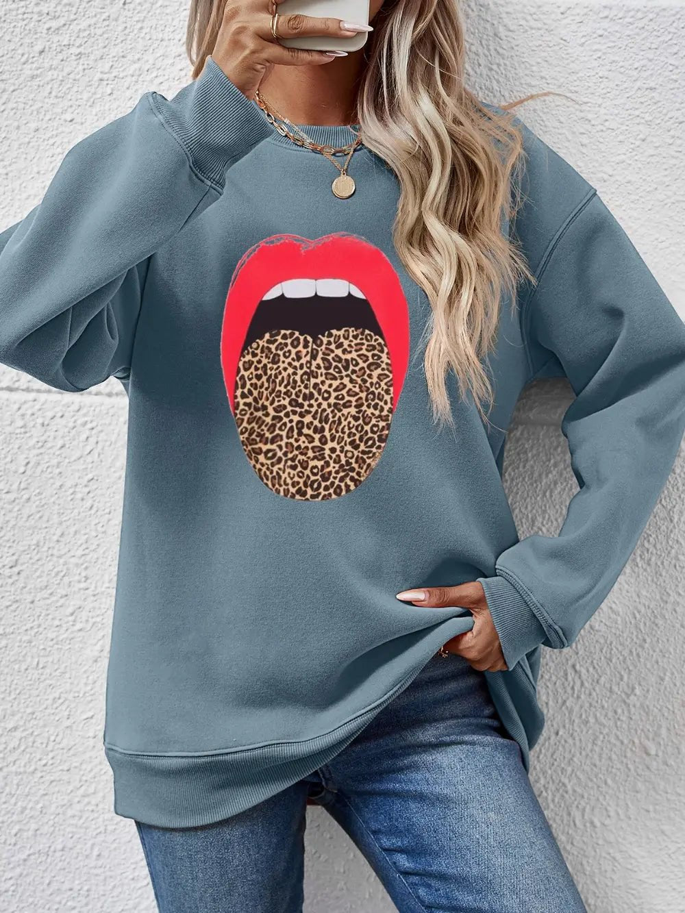 Leopard Lip Graphic Round Neck Sweatshirt - Crowned Energy CO.