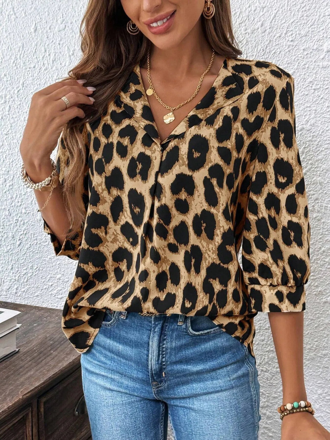 Crowned Energy CO. Brown / S Trendsi Tops/Blouses & Shirts Leopard Print 3/4 Sleeve Blouse