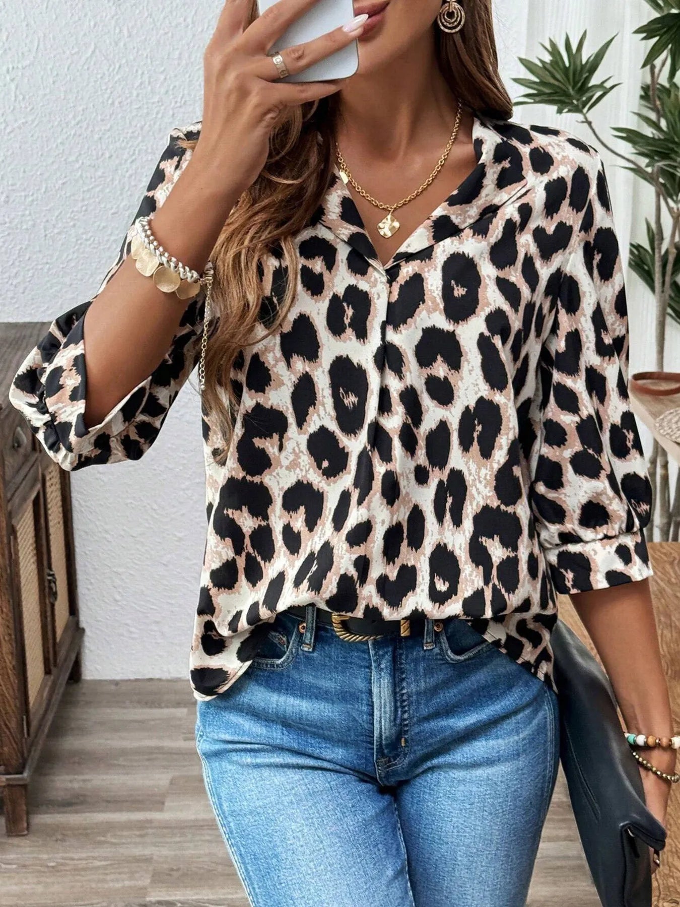 Leopard Print 3/4 Sleeve Blouse - Goddess Vibes