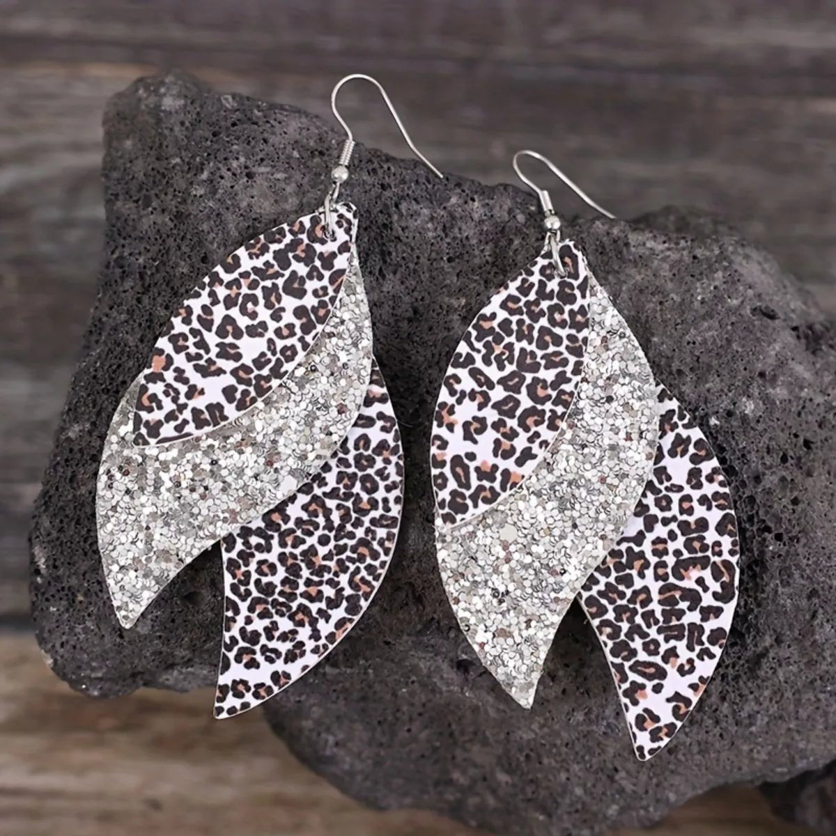 Crowned Energy CO. Silver / One Size Trendsi Earrings Leopard Print Leather Leaf Drop Earrings