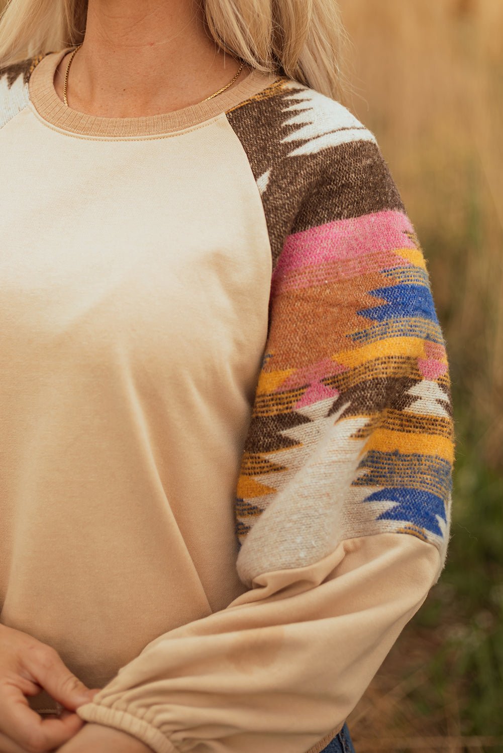 Light French Beige Aztec Patchwork Raglan Pullover Sweatshirt - Crowned Energy CO.
