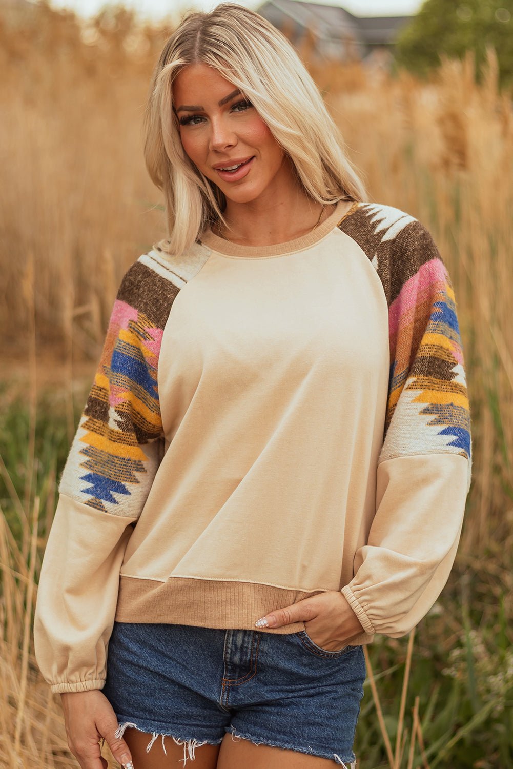 Light French Beige Aztec Patchwork Raglan Pullover Sweatshirt - Crowned Energy CO.