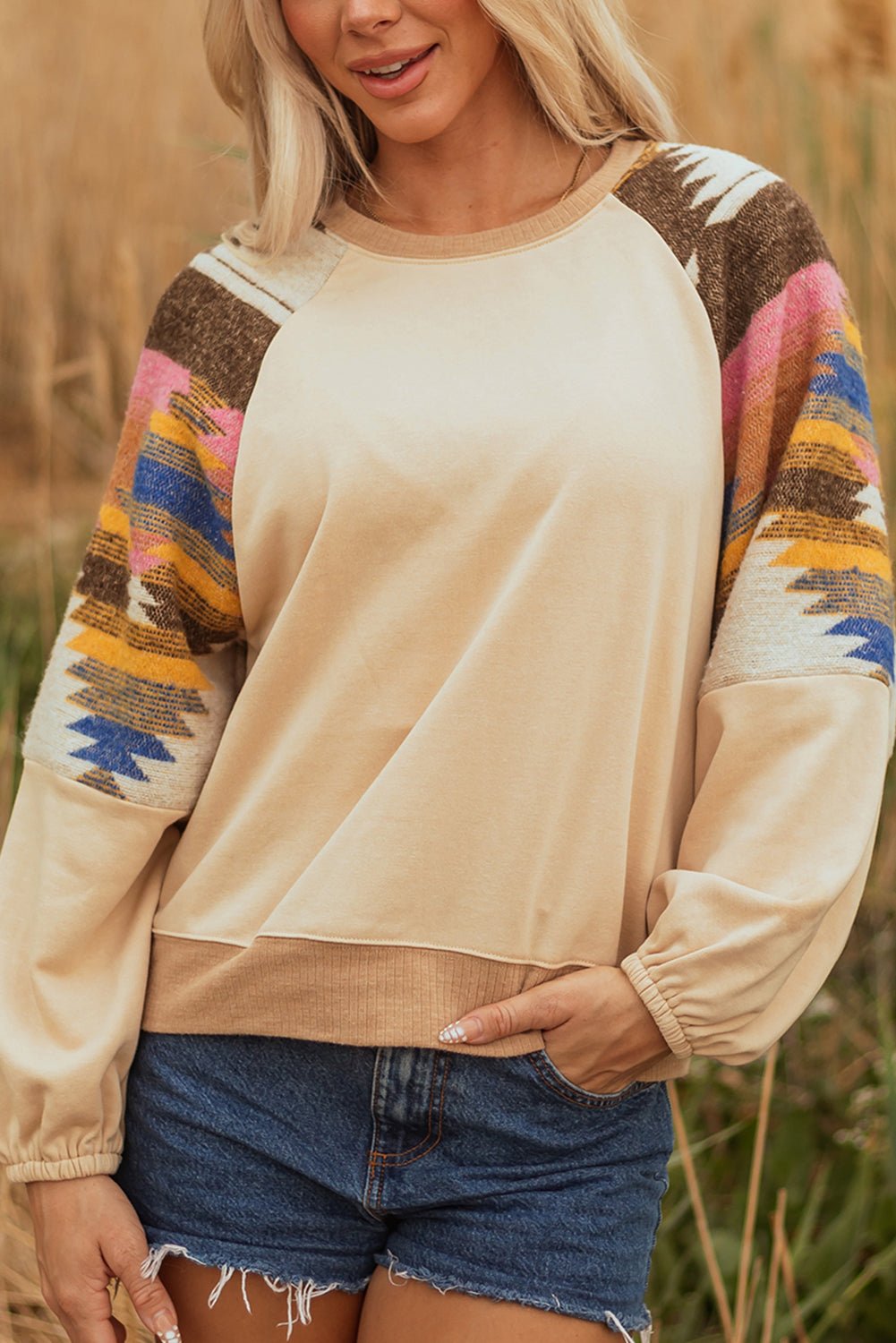 Light French Beige Aztec Patchwork Raglan Pullover Sweatshirt - Crowned Energy CO.