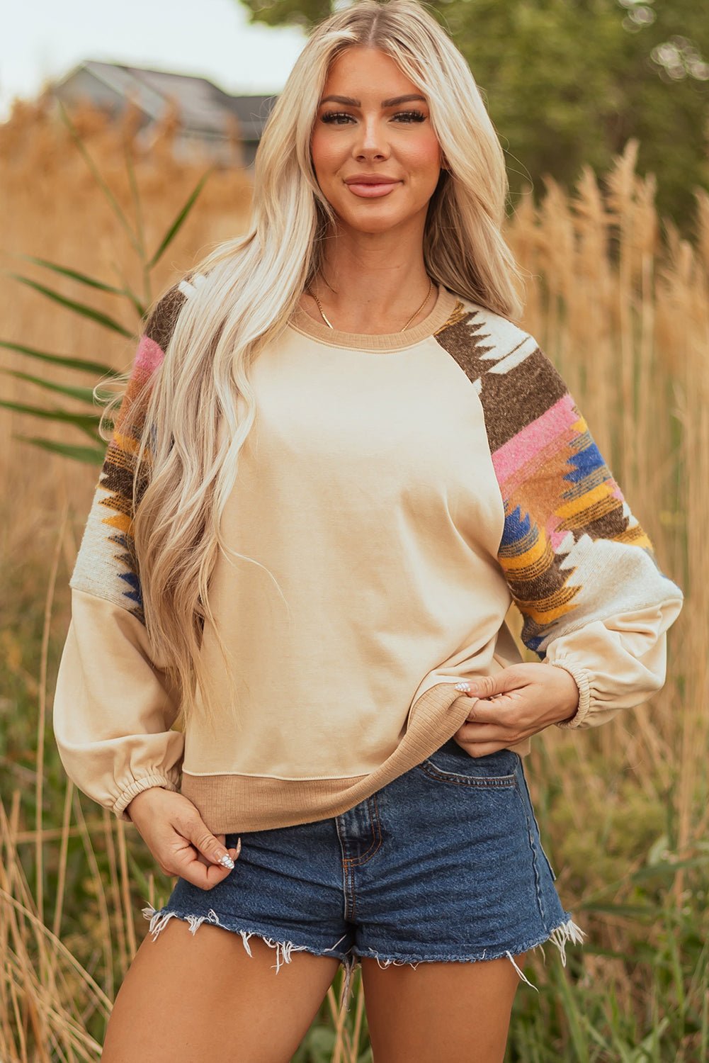 Light French Beige Aztec Patchwork Raglan Pullover Sweatshirt - Crowned Energy CO.