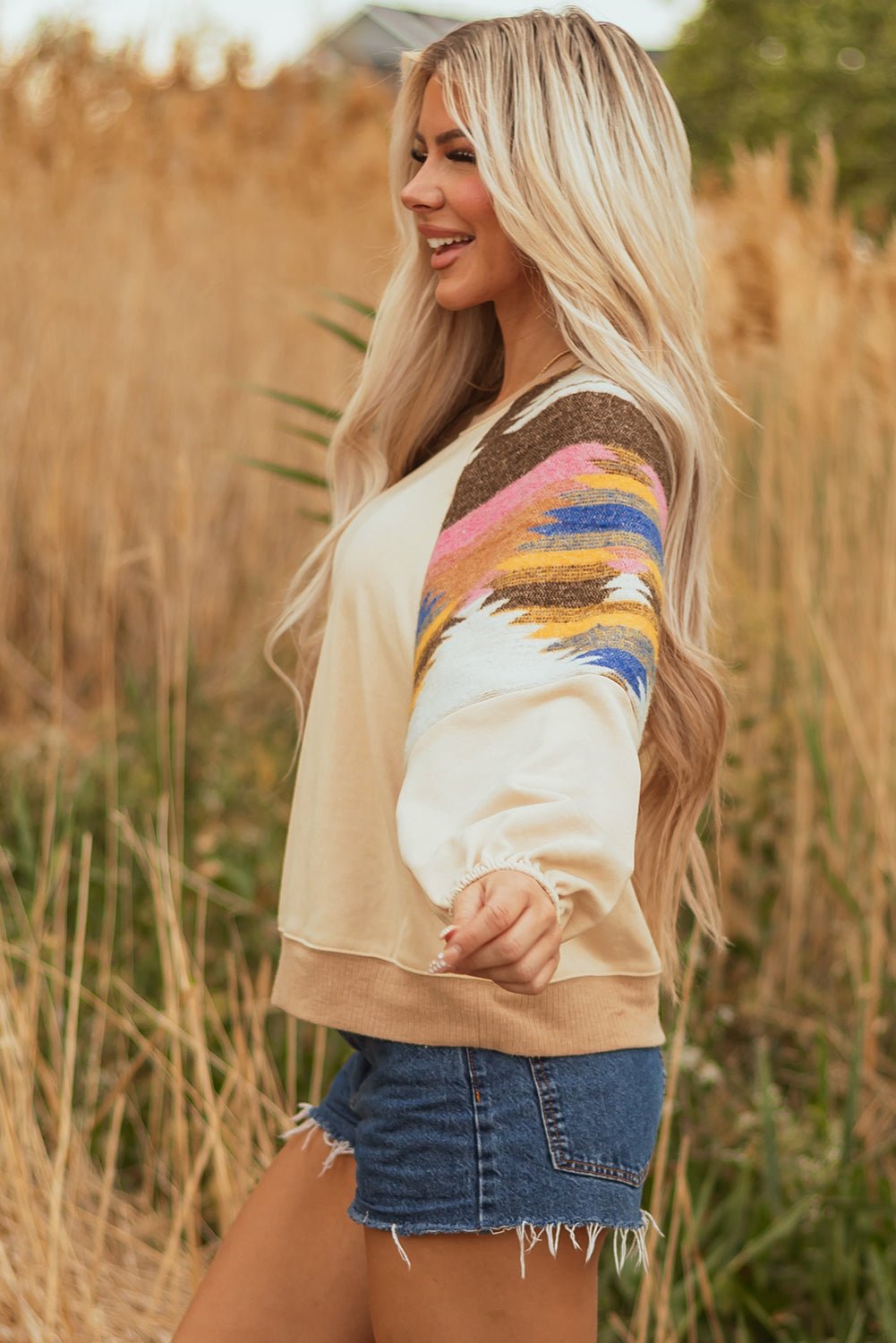 Light French Beige Aztec Patchwork Raglan Pullover Sweatshirt - Crowned Energy CO.