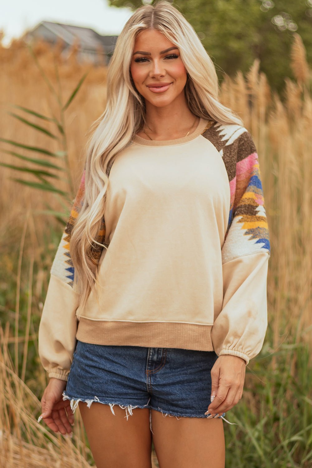 Light French Beige Aztec Patchwork Raglan Pullover Sweatshirt - Crowned Energy CO.