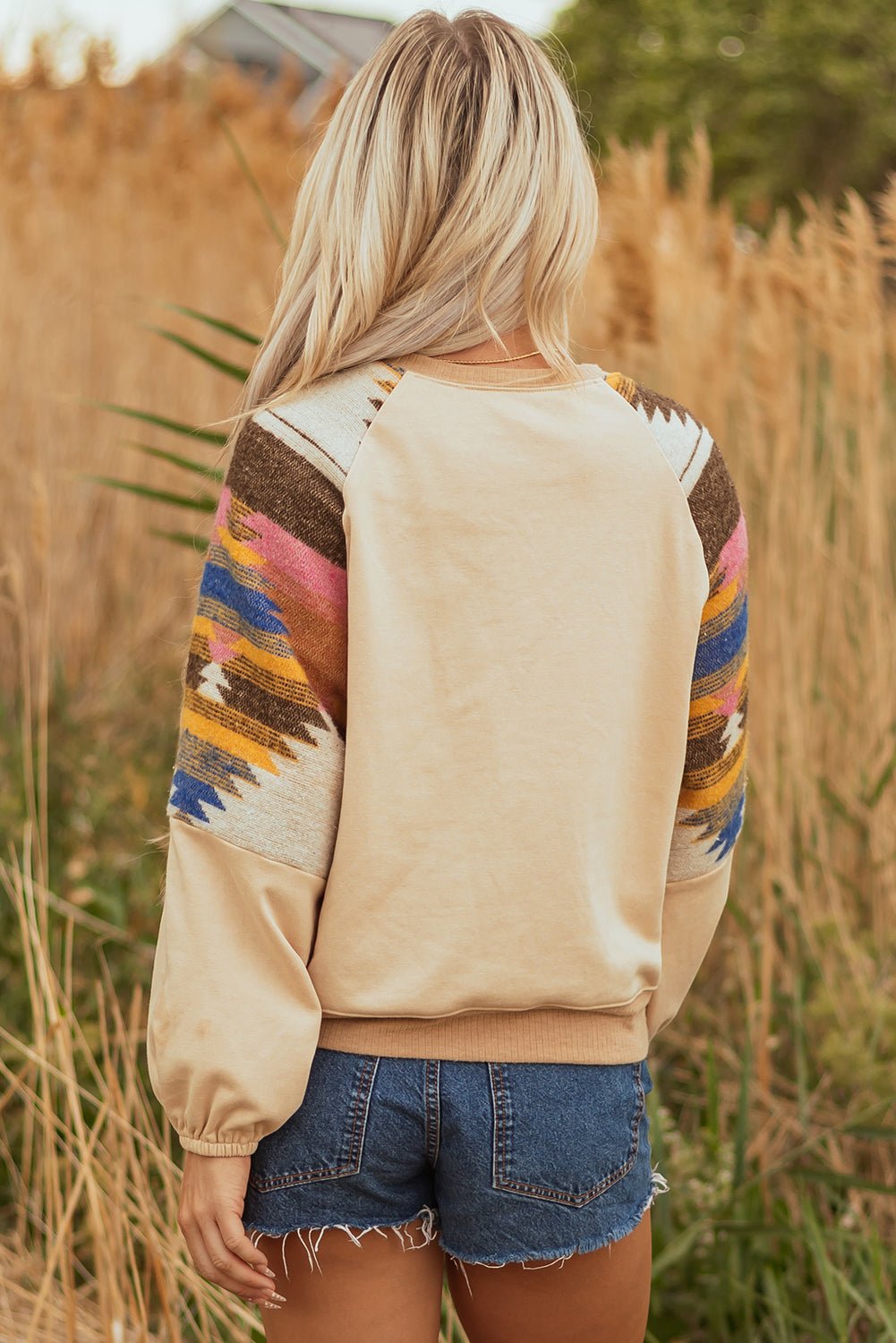 Light French Beige Aztec Patchwork Raglan Pullover Sweatshirt - Crowned Energy CO.