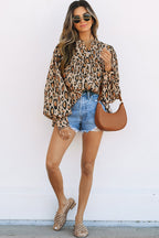 Light French Beige Oversized Leopard Print Balloon Sleeve Casual Shirt - Goddess Vibes