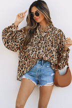 Light French Beige Oversized Leopard Print Balloon Sleeve Casual Shirt - Goddess Vibes