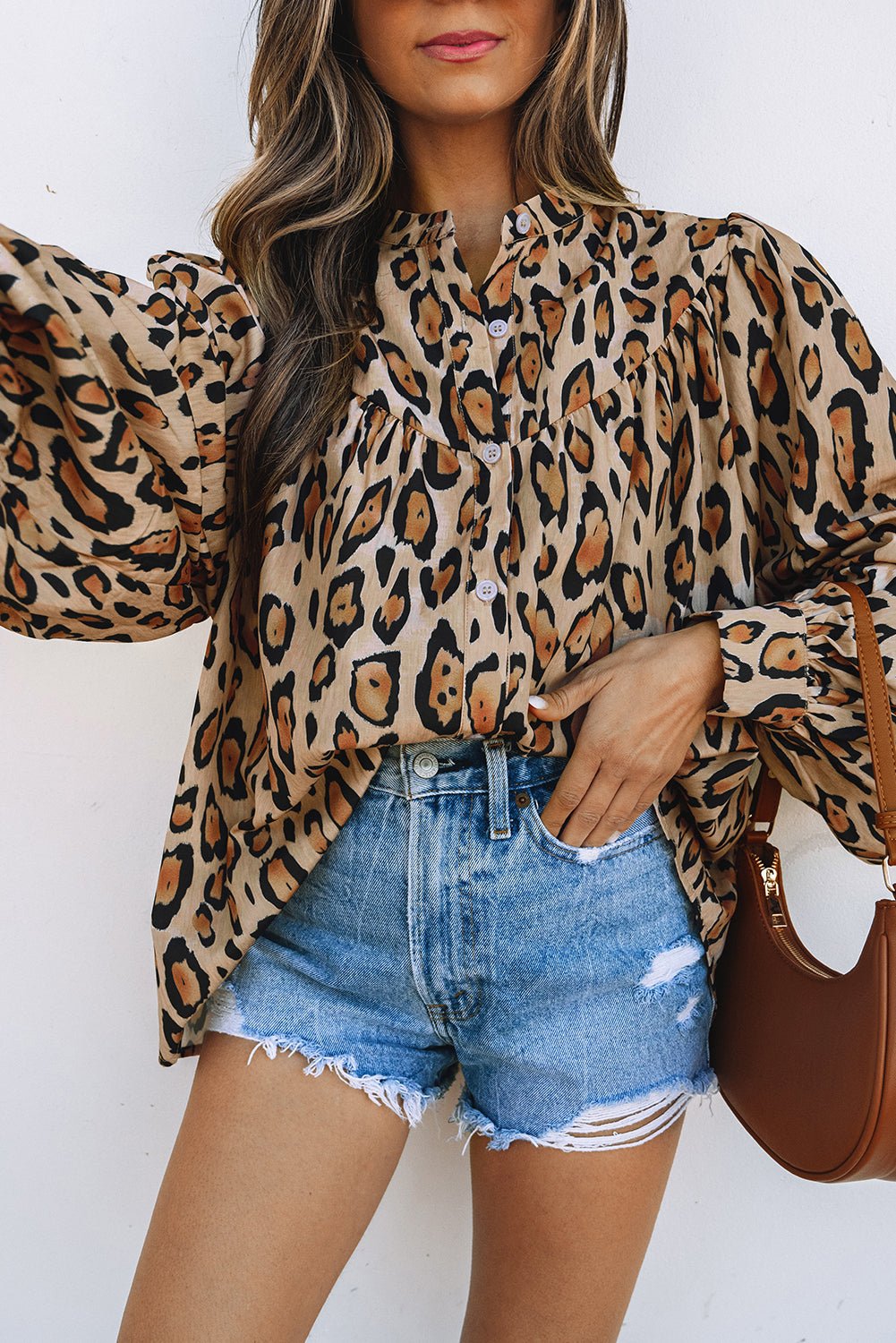 Light French Beige Oversized Leopard Print Balloon Sleeve Casual Shirt - Goddess Vibes