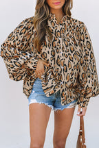 Light French Beige Oversized Leopard Print Balloon Sleeve Casual Shirt - Goddess Vibes