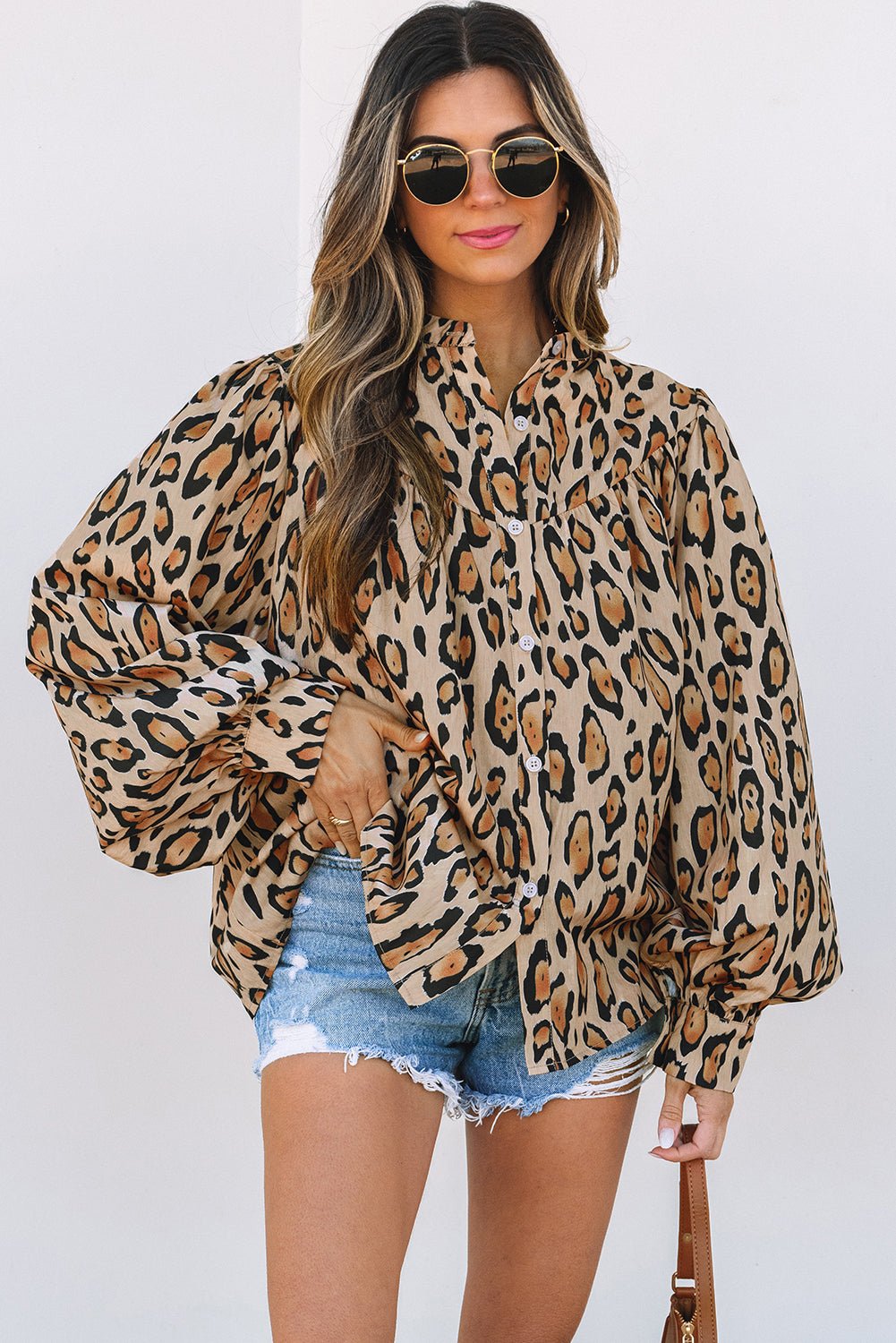 Light French Beige Oversized Leopard Print Balloon Sleeve Casual Shirt - Goddess Vibes