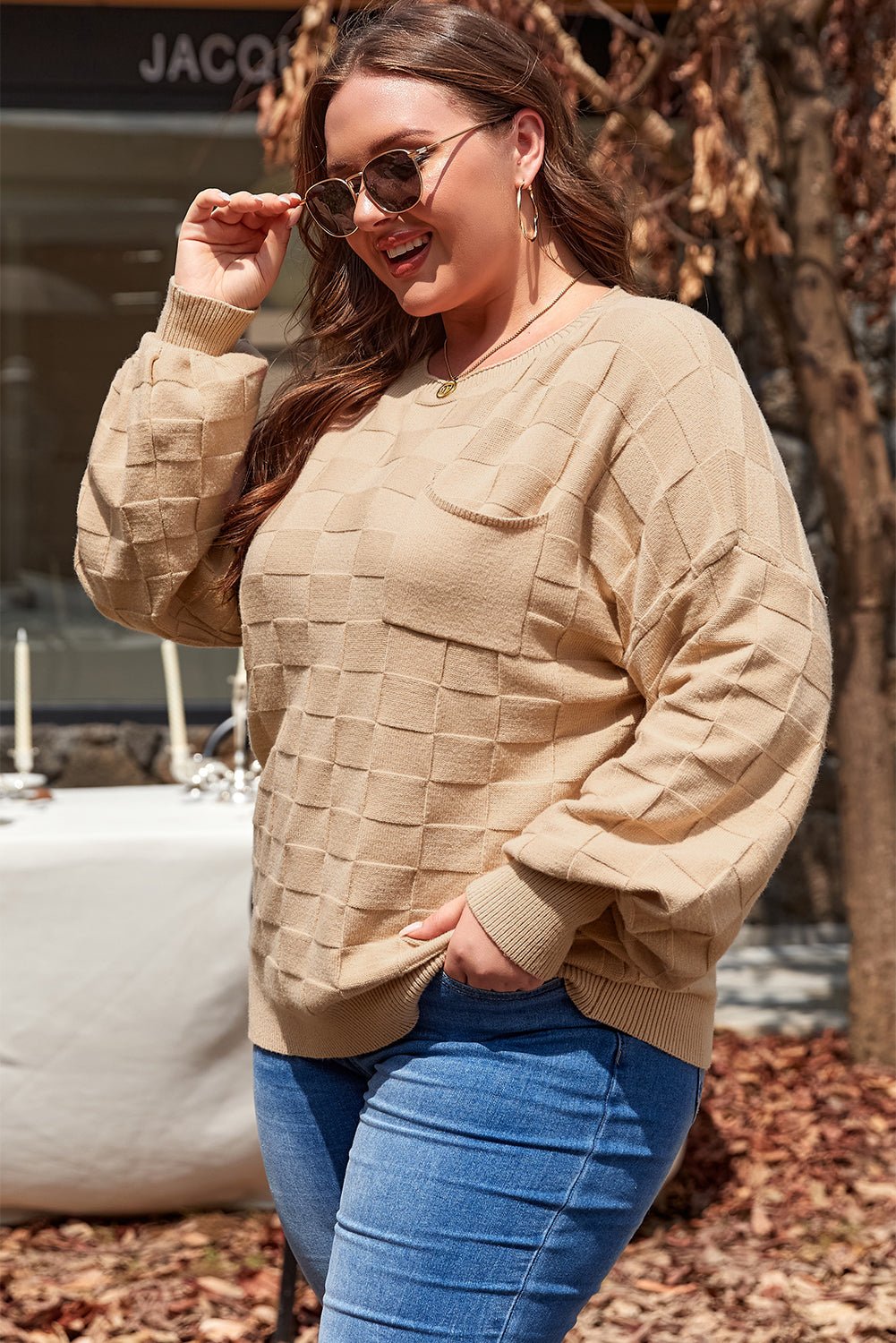 Light French Beige Solid Checkered Textured Knit Plus Size Sweater - Goddess Vibes