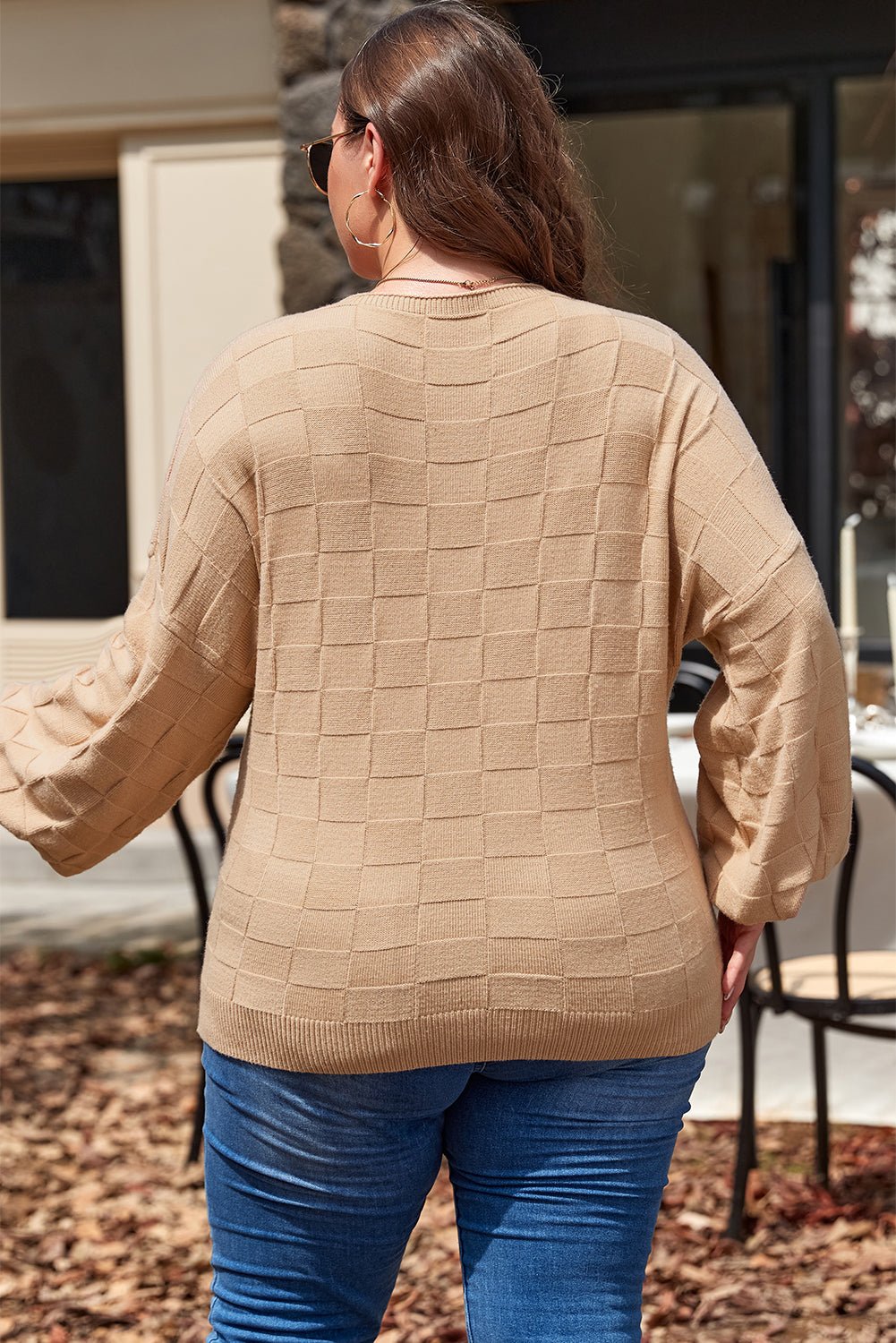 Light French Beige Solid Checkered Textured Knit Plus Size Sweater - Goddess Vibes