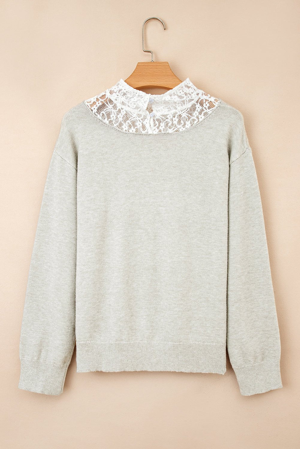 Light Grey Button Keyhole Lace Patchwork Drop Shoulder Sweater - Crowned Energy CO.