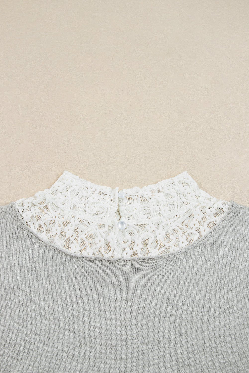 Light Grey Button Keyhole Lace Patchwork Drop Shoulder Sweater - Crowned Energy CO.