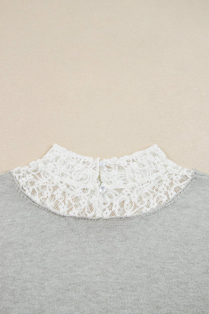 Light Grey Button Keyhole Lace Patchwork Drop Shoulder Sweater - Crowned Energy CO.