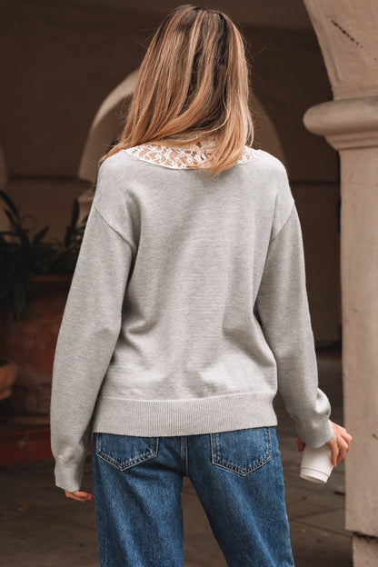 Light Grey Button Keyhole Lace Patchwork Drop Shoulder Sweater - Crowned Energy CO.
