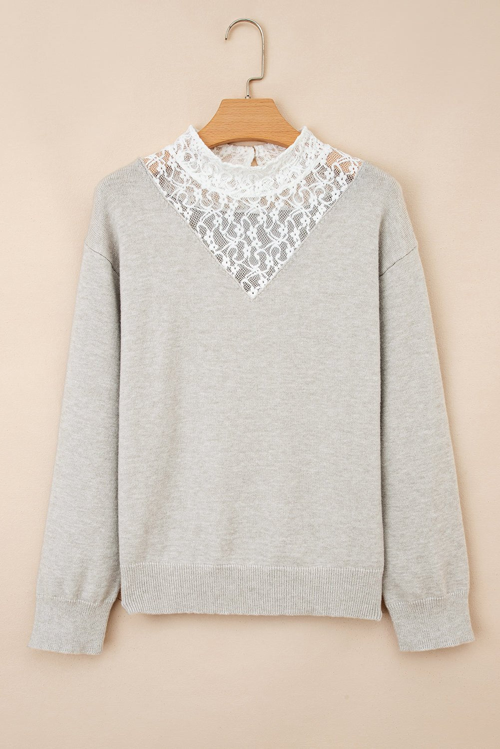 Light Grey Button Keyhole Lace Patchwork Drop Shoulder Sweater - Crowned Energy CO.