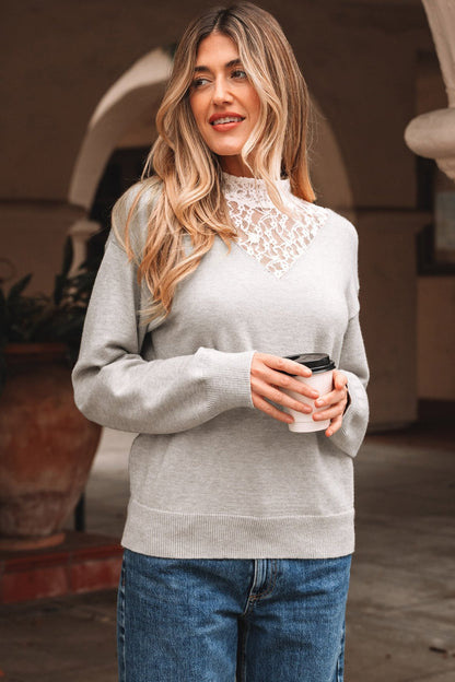 Light Grey Button Keyhole Lace Patchwork Drop Shoulder Sweater - Crowned Energy CO.