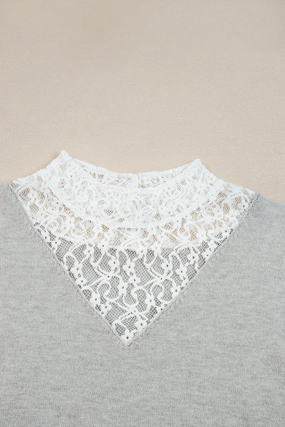 Light Grey Button Keyhole Lace Patchwork Drop Shoulder Sweater - Crowned Energy CO.