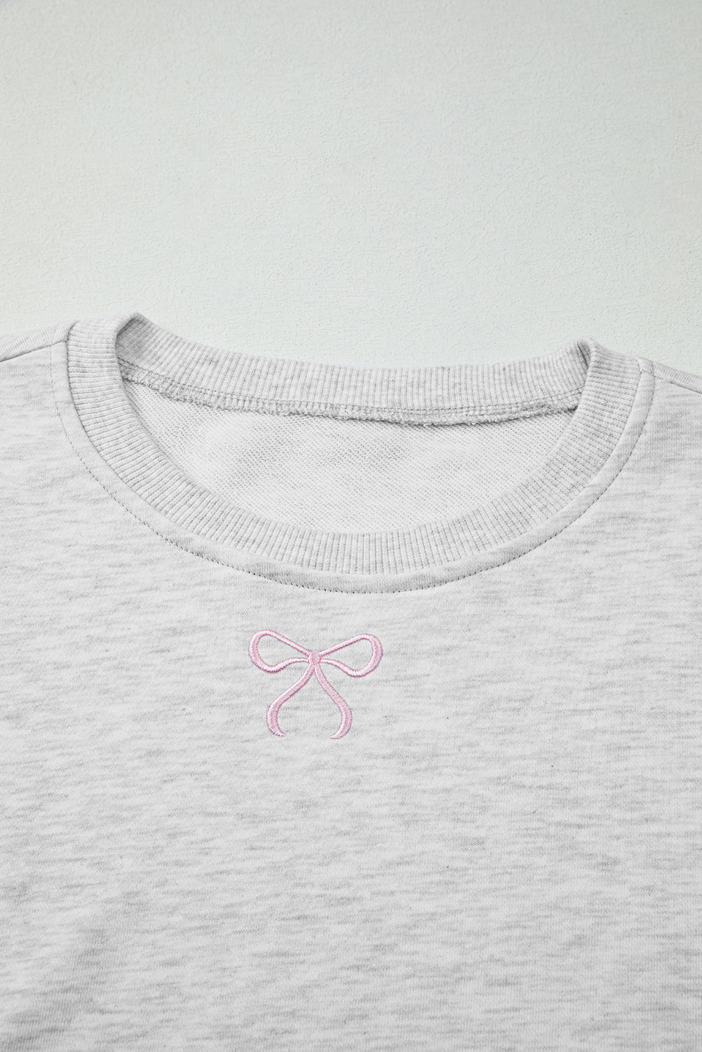 Crowned Energy CO. Light Grey / S / 65%Polyester+35%Cotton Dear-Lover Dropshipping Two Piece Sets/Short Sets Light Grey Girly Bow Embroidered Detail Puff Sleeve Pullover 2pcs Short Set