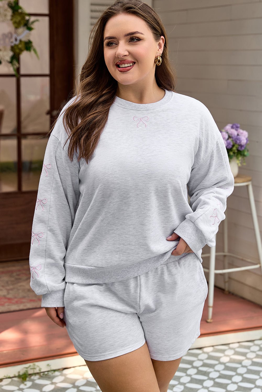 Light Grey Girly Bow Embroidered Puff Sleeve Pullover Loose Shorts Plus 2pcs Outfit - Crowned Energy CO.