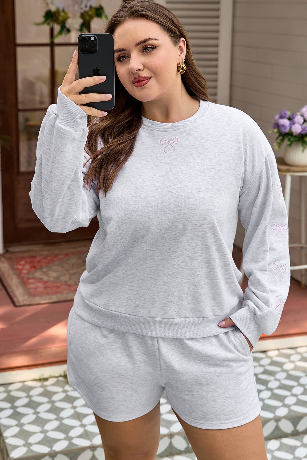 Light Grey Girly Bow Embroidered Puff Sleeve Pullover Loose Shorts Plus 2pcs Outfit - Crowned Energy CO.
