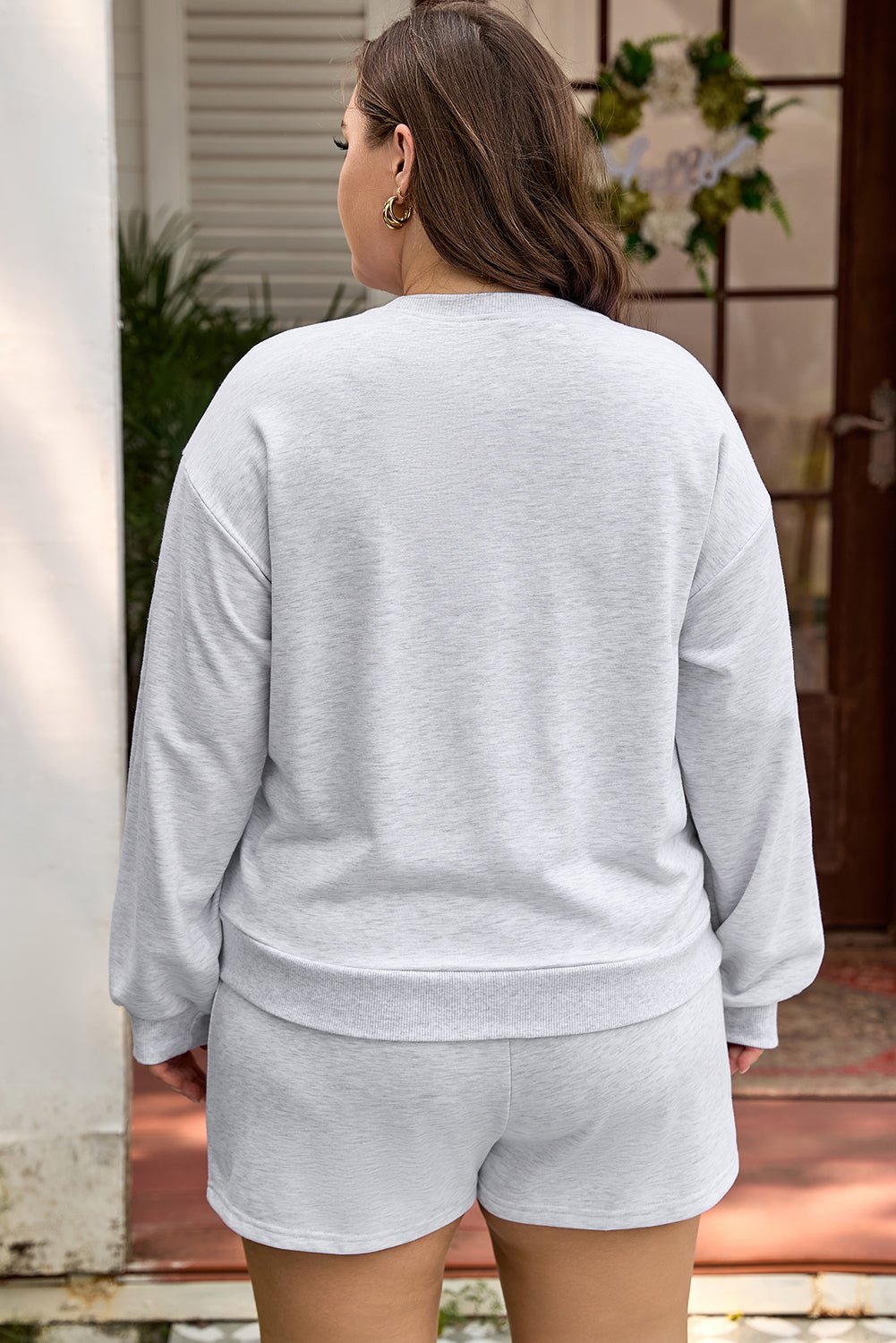 Light Grey Girly Bow Embroidered Puff Sleeve Pullover Loose Shorts Plus 2pcs Outfit - Crowned Energy CO.