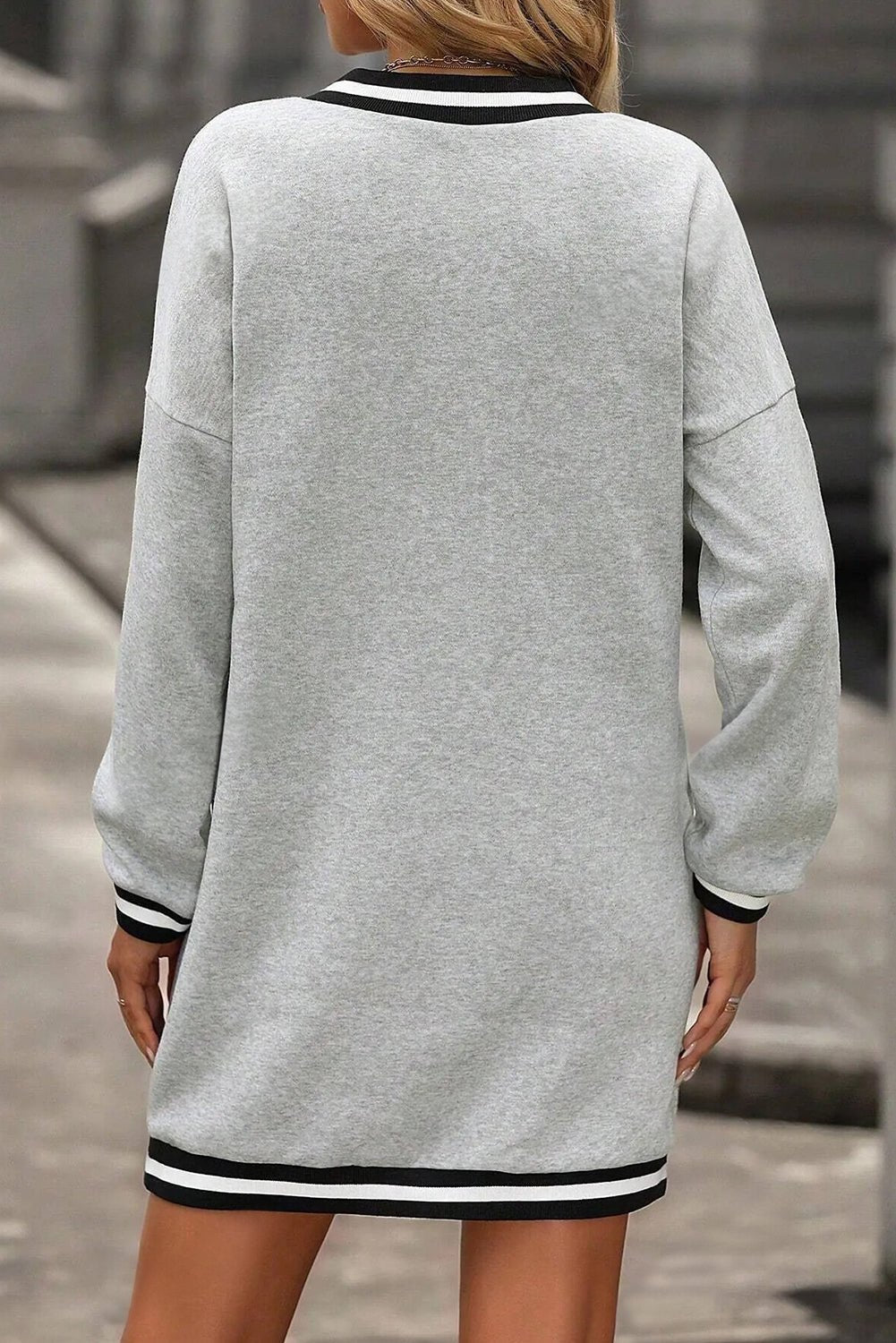 Light Grey Striped Trim V Neck Long Sleeve Preppy T Shirt Dress - Crowned Energy CO.