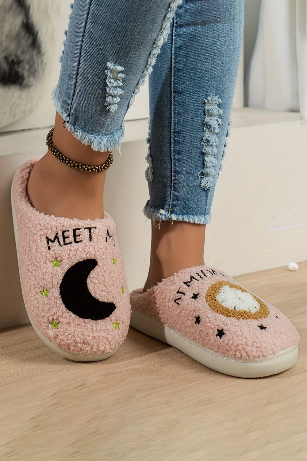 Light Pink Moon & Clock Pattern Fuzzy Home Slippers - Goddess Vibes