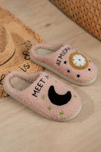 Light Pink Moon & Clock Pattern Fuzzy Home Slippers - Goddess Vibes