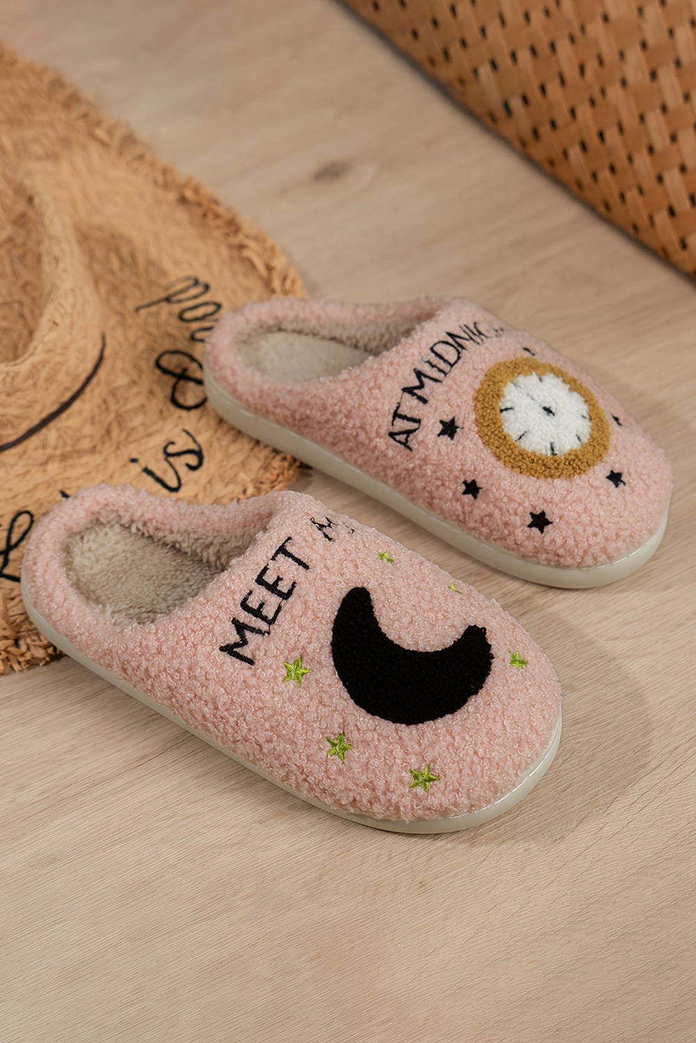 Light Pink Moon & Clock Pattern Fuzzy Home Slippers - Goddess Vibes