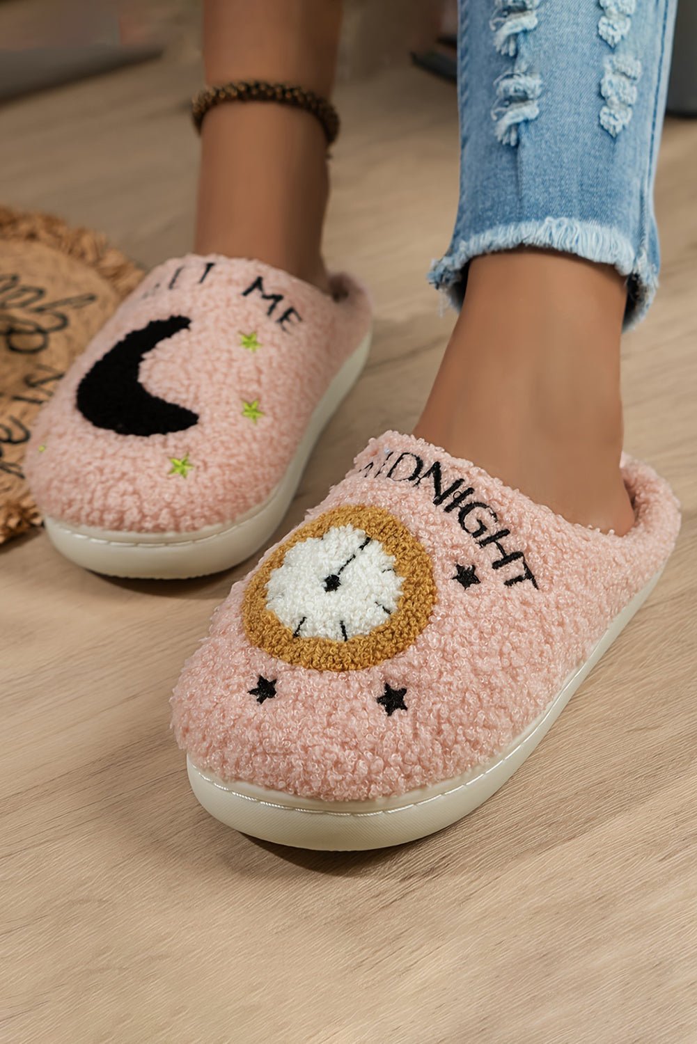 Light Pink Moon & Clock Pattern Fuzzy Home Slippers - Goddess Vibes