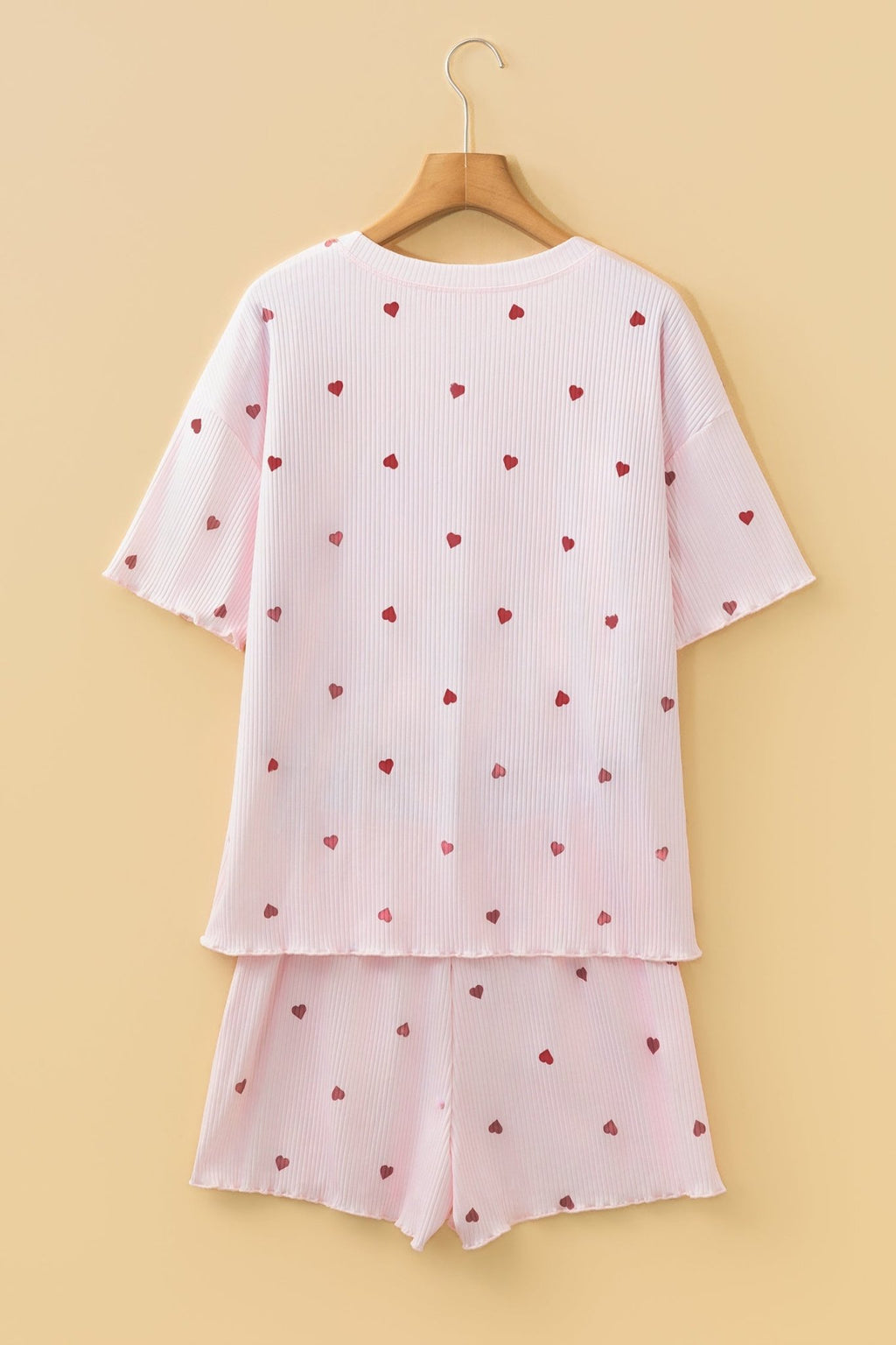 Light Pink Valentine Heart Shape Print Ribbed Knit Short Lounge Set - Crowned Energy CO.