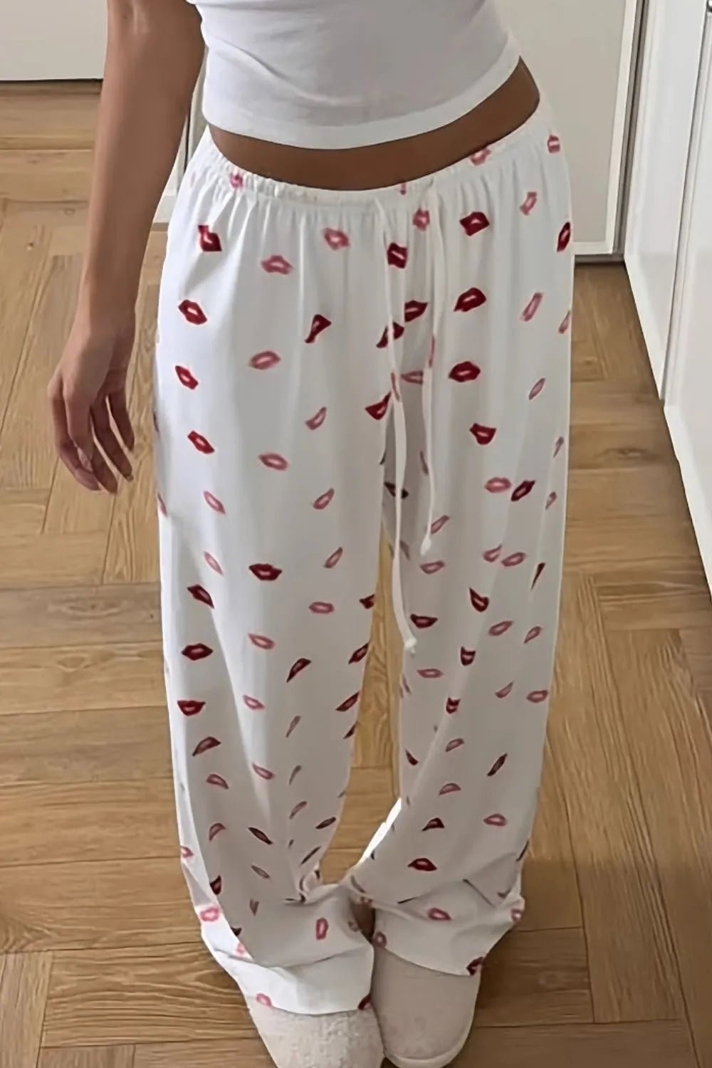 Crowned Energy CO. White / XS Trendsi Loungewear & Sleepwear/Loungewear Lips Print Wide Leg Pants