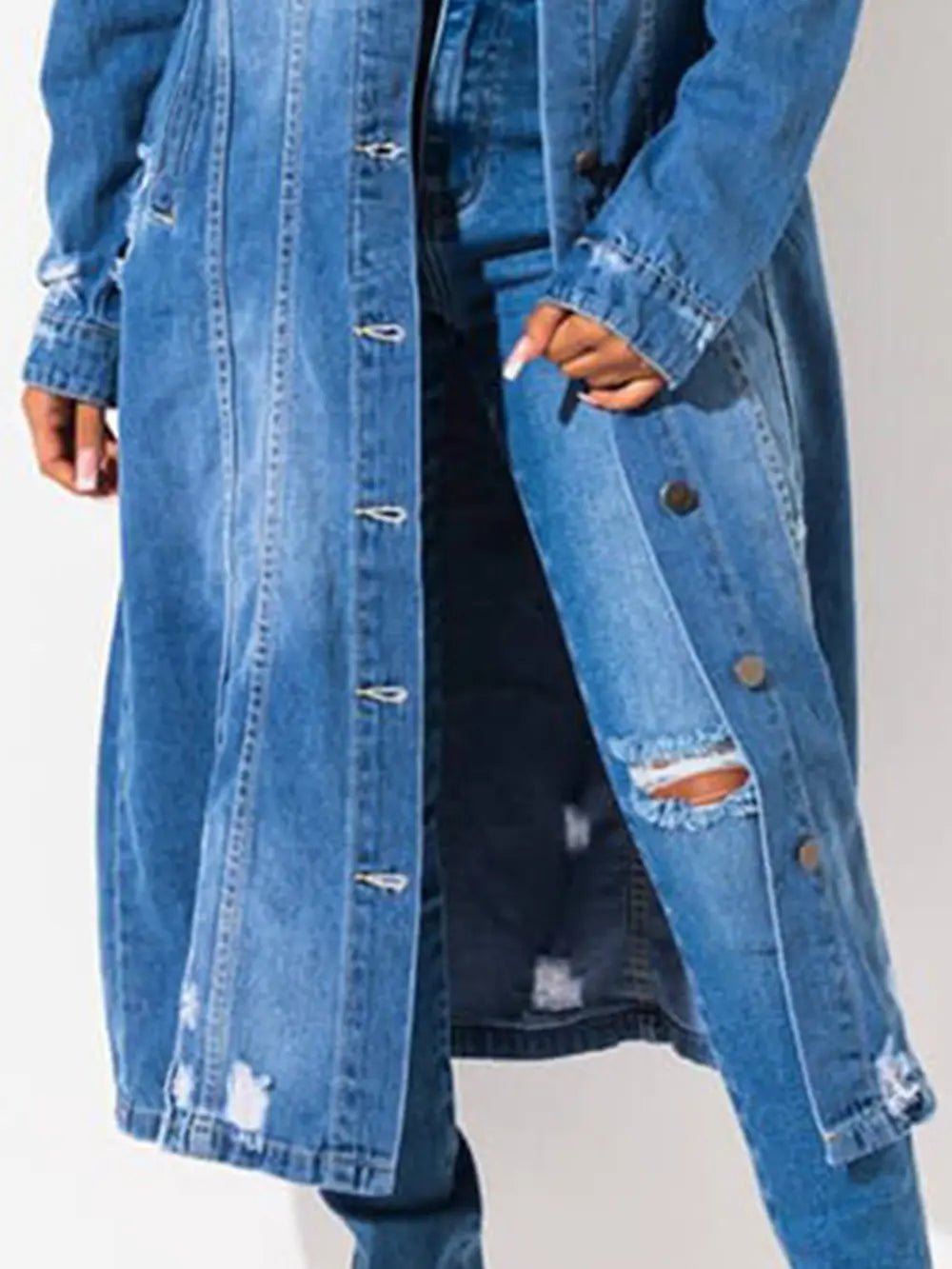 Long Sleeve Raw Hem Denim Jacket - Crowned Energy CO.