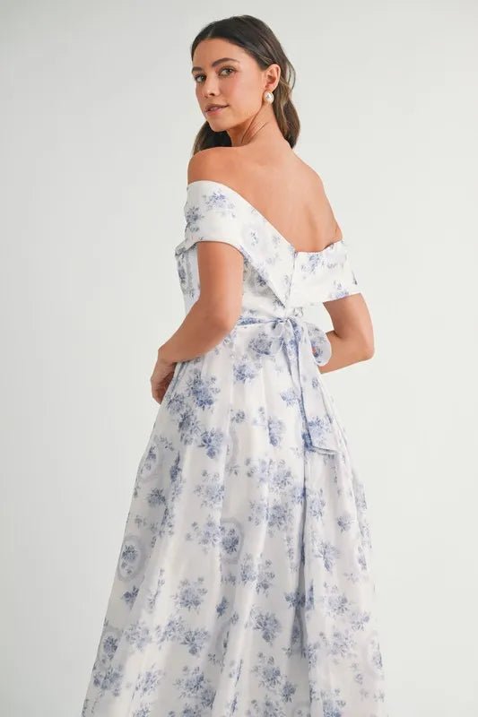 MABLE Floral Printed Off Shoulder Maxi Dress - Crowned Energy CO.