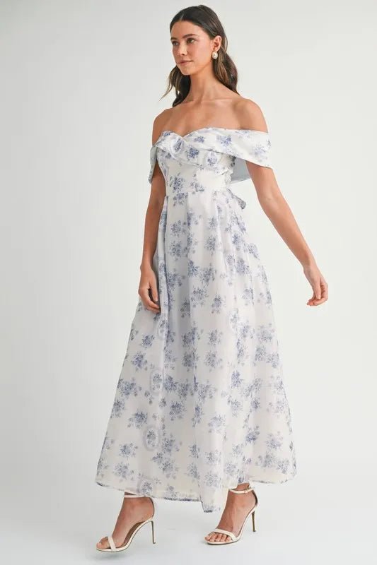 MABLE Floral Printed Off Shoulder Maxi Dress - Crowned Energy CO.