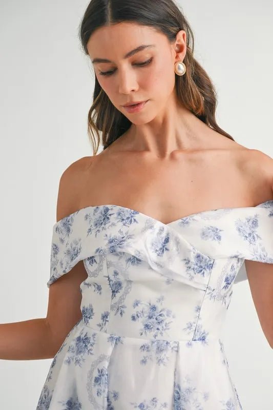 MABLE Floral Printed Off Shoulder Maxi Dress - Crowned Energy CO.