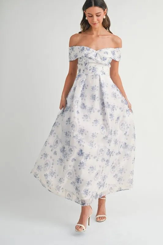 MABLE Floral Printed Off Shoulder Maxi Dress - Crowned Energy CO.
