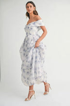 MABLE Floral Printed Off Shoulder Maxi Dress - Crowned Energy CO.