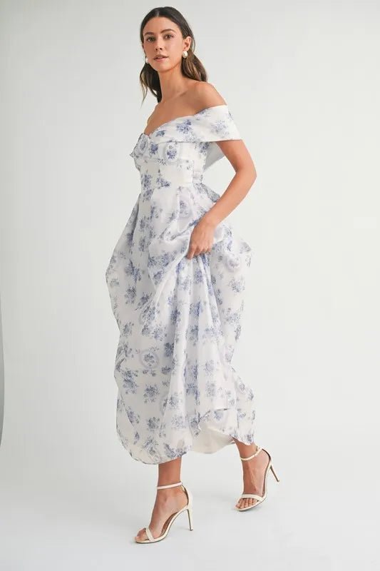MABLE Floral Printed Off Shoulder Maxi Dress - Crowned Energy CO.