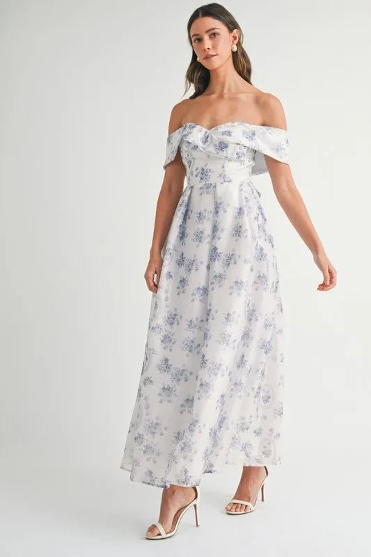 MABLE Floral Printed Off Shoulder Maxi Dress - Crowned Energy CO.